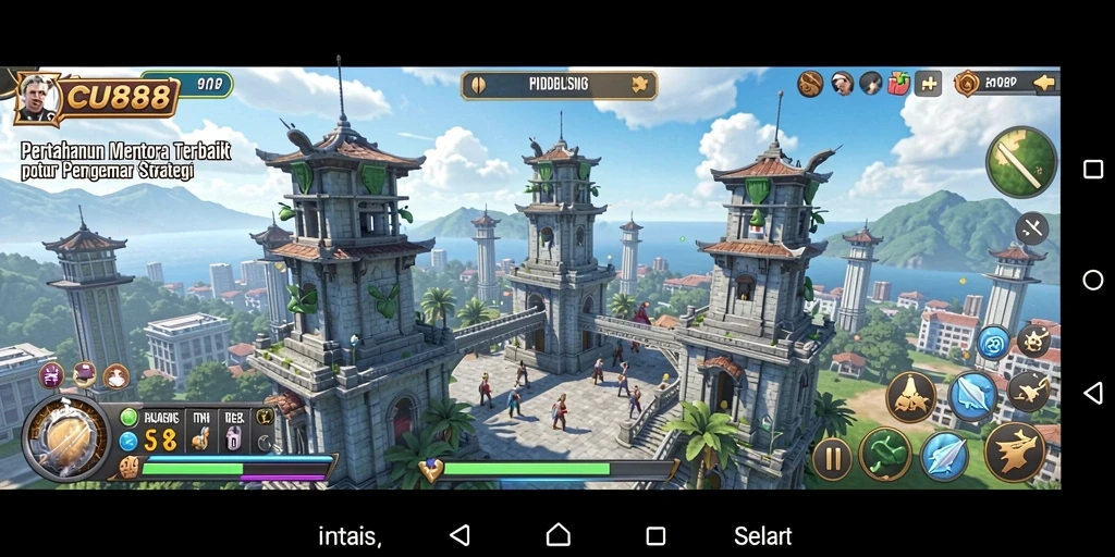 Tampilan menara dan musuh dalam gameplay CU888 yang menegangkan.
