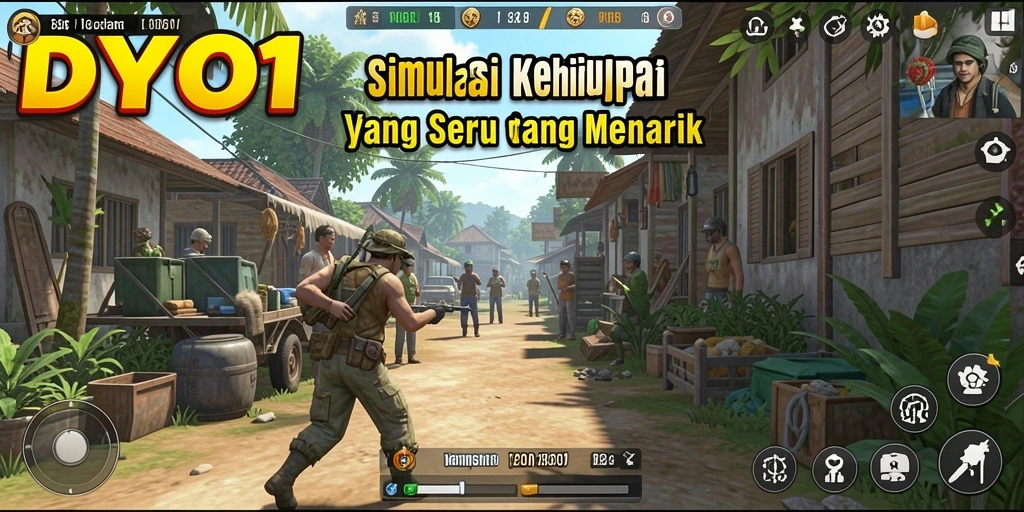 Screenshot utama DYO1 menampilkan karakter dalam suasana simulasi kehidupan.