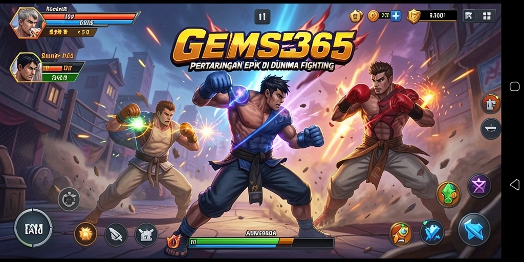 Screenshot menunjukkan pertarungan epik dalam GEMS365 dengan karakter yang beraksi.