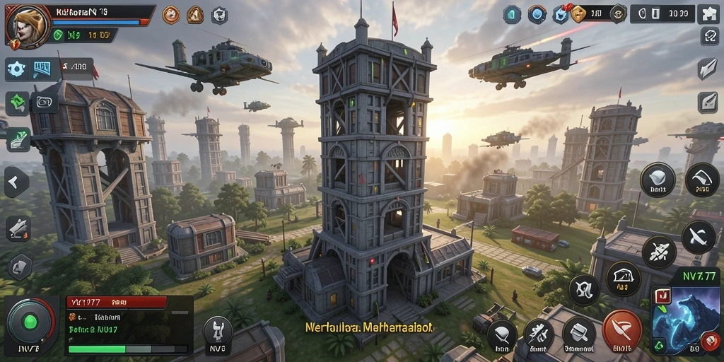Screenshot gameplay NV77 menunjukkan pertarungan menara yang mendebarkan.