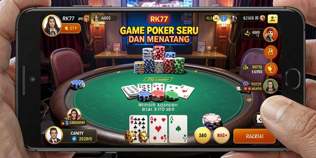 Tampilan gameplay seru dari RK77 dengan pemain poker yang fokus.